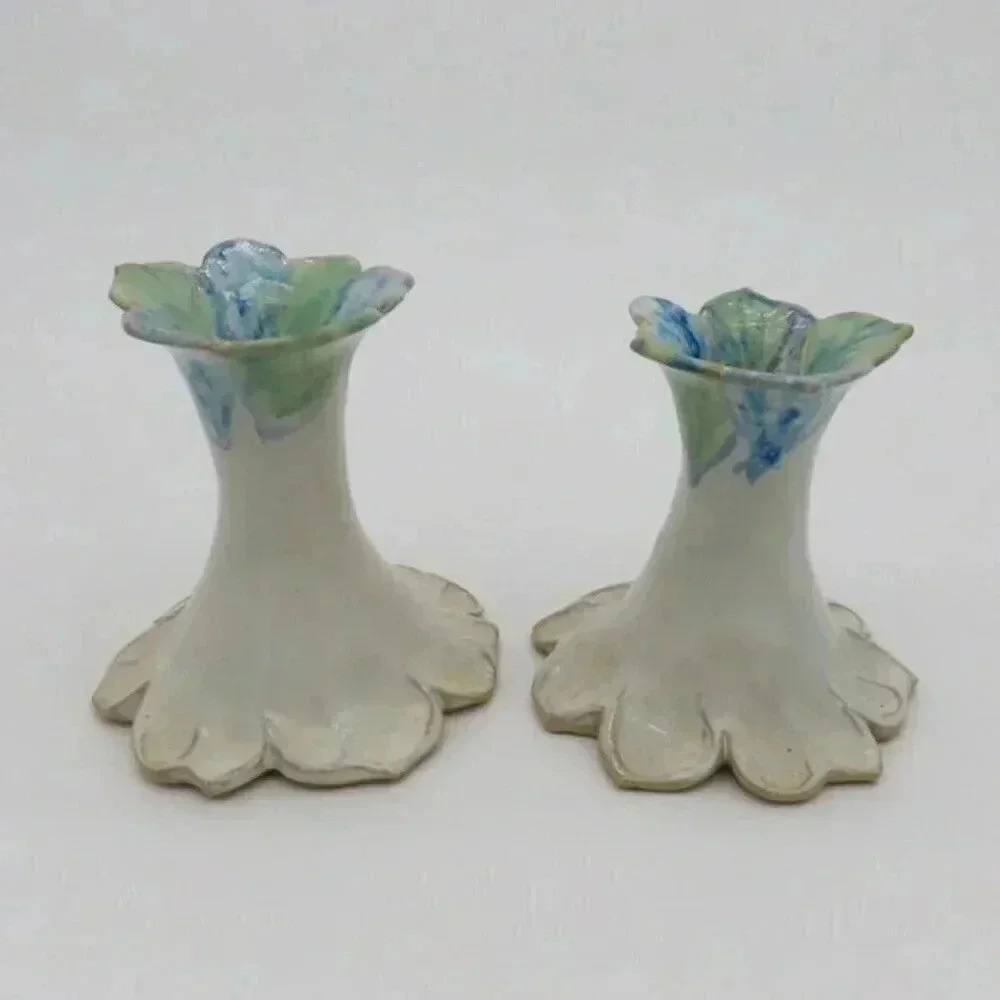 Studio Pottery Candlesticks Cream Blue MCM